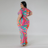 Plus Size Short Sleeve V-Neck Geometric Print Slit Back Maxi Dress