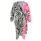 Plus Size Contrast Zebra Print Tie Waist Irregular Dress