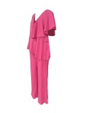 Hot Pink One Shoulder Irregular Ruffle Top and Pants Plus Size Two-piece Set