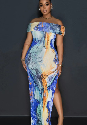 Multi-Color Printed Off Shoulder Sexy Long Slit Dress