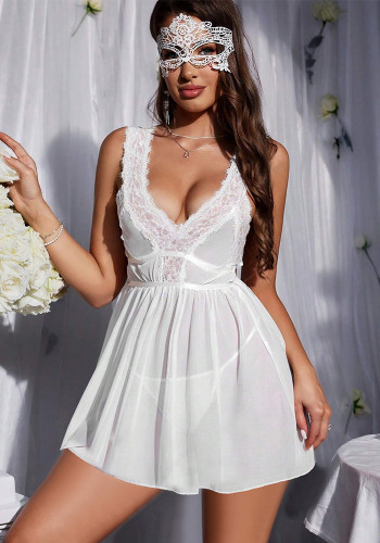 Sexy Lingerie See Through Lace Mesh Patchwork Straps Low Cut Nightgown