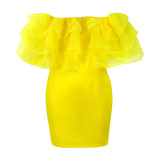 Yellow Mesh Patchwork High Waist Party Dress
