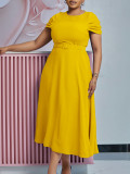 Solid Elegant Short Sleeve Chic Slim Waist African Dress