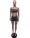 Sexy Two Piece Denim Set Stretchy Belt Beandeau Strapless Top and Shorts Set