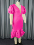 Hot Pink Puff Sleeve Mermaid Formal Party Dress