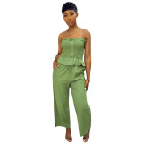 Strapless Shirred Top Solid Wide Leg Pants 2 Piece Set