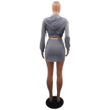 Casual Long Sleeve Hooded Zip Crop Top Short Skirt Solid 2PCS Set