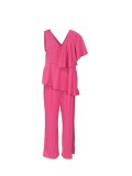 Hot Pink One Shoulder Irregular Ruffle Top and Pants Plus Size Two-piece Set