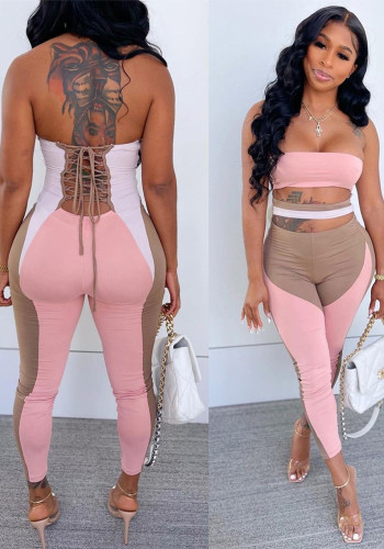 Sexy Print Lace-Up Back Cut Out Strapless Jumpsuit