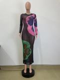 Sexy Print See Through Long Sleeve Bodycon Maxi Dress