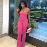 Hot Pink Sexy Low Back Halter Neck Solid Flare Jumpsuit