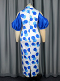 Chic Cutout Shoulder Puff Sleeve Dot Printed Long Party Dress