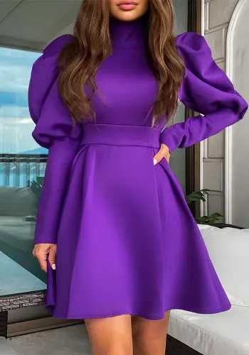 Solid High Neck Long Sleeve A-Line Party Dress