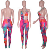 Sexy Halter Hollow Lace-Up Bikini Bra Top and Pants Tie Dye 2PCS Set