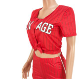 Sexy 2-piece Set Women Striped Letter Baseball Top and Skirt
