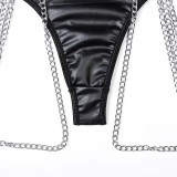 Sexy Lingerie Halter Chain PU Leather Hollow Bra Panty Set