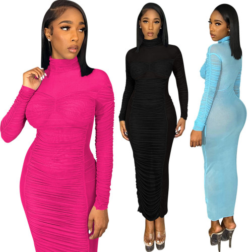 Sexy Fashion Long Sleeve Ruched See Through Maxi Dress