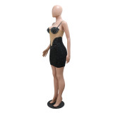 Solid Mesh Rhinestone Sequin Cami Bodycon Dress