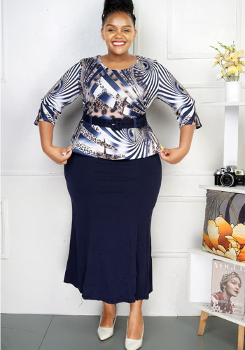 African Plus Size Printed Dress with Belt