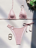 Pink Shiny O-Ring Swimwear Sexy Backless Solid Bikini Set