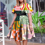 African Short Sleeve Print V-Neck Belted Dress