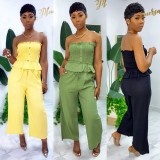 Strapless Shirred Top Solid Wide Leg Pants 2 Piece Set