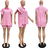 Casual Striped Shirt and Pocket Shorts Fashion 2-Piece Set