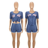 Sexy 2-piece Set Women Striped Letter Baseball Top and Skirt