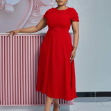 Solid Elegant Short Sleeve Chic Slim Waist African Dress