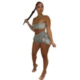 Sexy Two Piece Denim Set Stretchy Belt Beandeau Strapless Top and Shorts Set