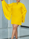 Chic Fashion Pleated Bell Bottom Sleeve Rhinestone Loose Short Dress