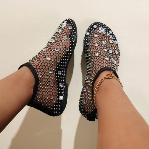 Trendy Rhinestone Flat Multi-Color Sexy Fishnet Sandals