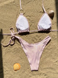 Pink Shiny O-Ring Swimwear Sexy Backless Solid Bikini Set
