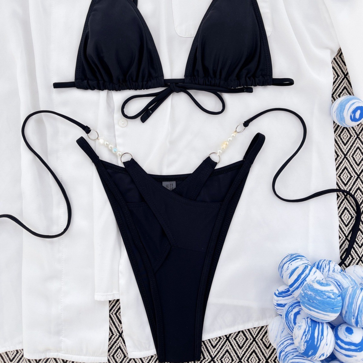 Black Bikini Set Two Piece Swimwear Beaded Triangle Swimwear US$ 5.73 ...