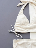 White Ribbed Halter Drawstring Two Pieces Swimwear