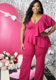 Hot Pink One Shoulder Irregular Ruffle Top and Pants Plus Size Two-piece Set