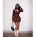 Sexy 2-piece Set Solid Deep V-Neck Long Sleeve Top and Skirt Set