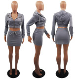 Casual Long Sleeve Hooded Zip Crop Top Short Skirt Solid 2PCS Set