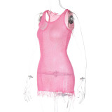 Pink Sexy Round Neck Sleeveless Tassel Dress