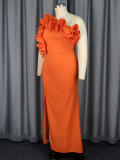 Orange Ruffles Slash Shoulder Slit Long Party Dress