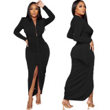 Sexy Deep V Neck Long Sleeve Belt Slit Dress