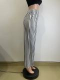 Casual Black White Striped Print Straight Wide Leg Fashion Pants