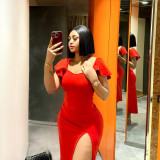 Fashion Red Sexy Ruffle Sleeve High Slit Slim Long Dress