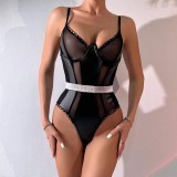 Sexy Teddy Lingerie PU Leather See-Through Mesh Straps Contrast Bodysuit