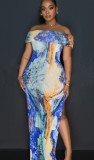 Multi-Color Printed Off Shoulder Sexy Long Slit Dress