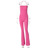 Hot Pink Sexy Low Back Halter Neck Solid Flare Jumpsuit