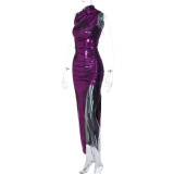 Sexy Shiny High Slit Ruched Sleeveless Maxi Dress