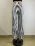 Casual Black White Striped Print Straight Wide Leg Fashion Pants