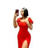Fashion Red Sexy Ruffle Sleeve High Slit Slim Long Dress