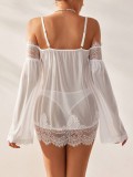 Sexy White Transparent Lace Mesh Off Shoulder Nightgown